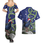 Personalized New Zealand Pukeko Christmas Couples Matching Summer Maxi Dress and Hawaiian Shirt Meri Kirihimete Taniko Ponga Koru Blue - Aussie Hoodie