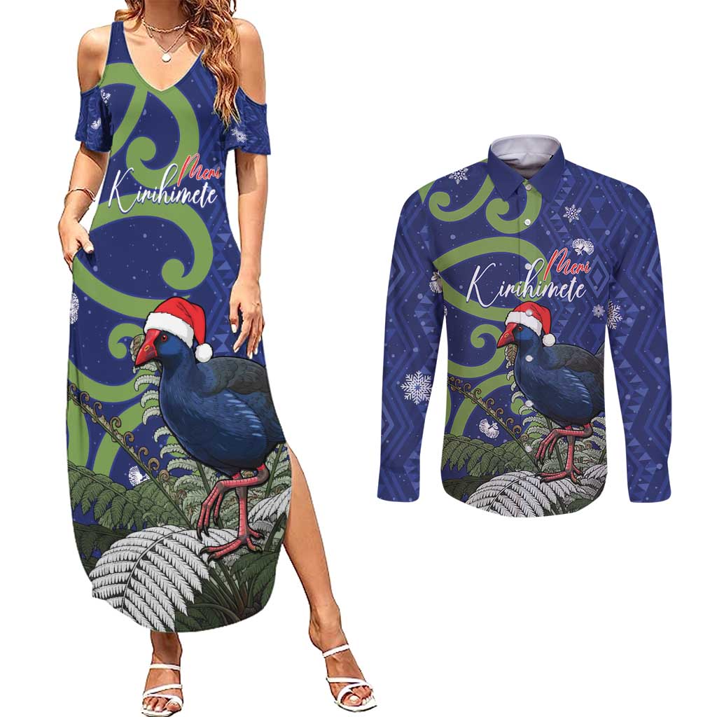 Personalized New Zealand Pukeko Christmas Couples Matching Summer Maxi Dress and Long Sleeve Button Shirt Meri Kirihimete Taniko Ponga Koru Blue - Aussie Hoodie