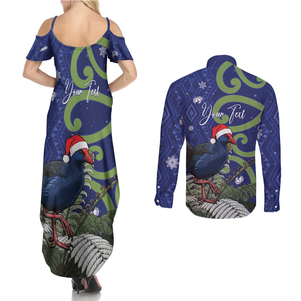Personalized New Zealand Pukeko Christmas Couples Matching Summer Maxi Dress and Long Sleeve Button Shirt Meri Kirihimete Taniko Ponga Koru Blue - Aussie Hoodie