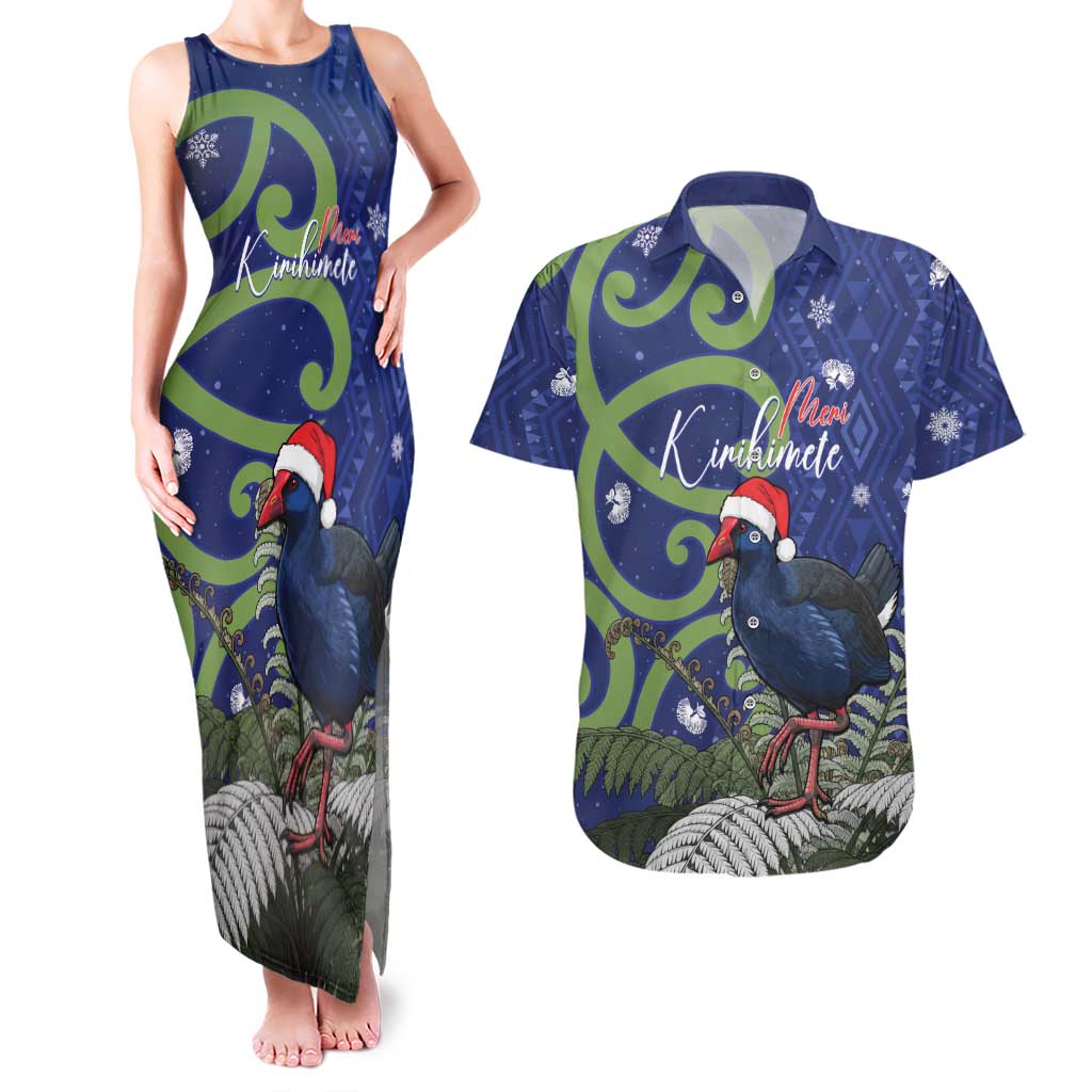 Personalized New Zealand Pukeko Christmas Couples Matching Tank Maxi Dress and Hawaiian Shirt Meri Kirihimete Taniko Ponga Koru Blue - Aussie Hoodie