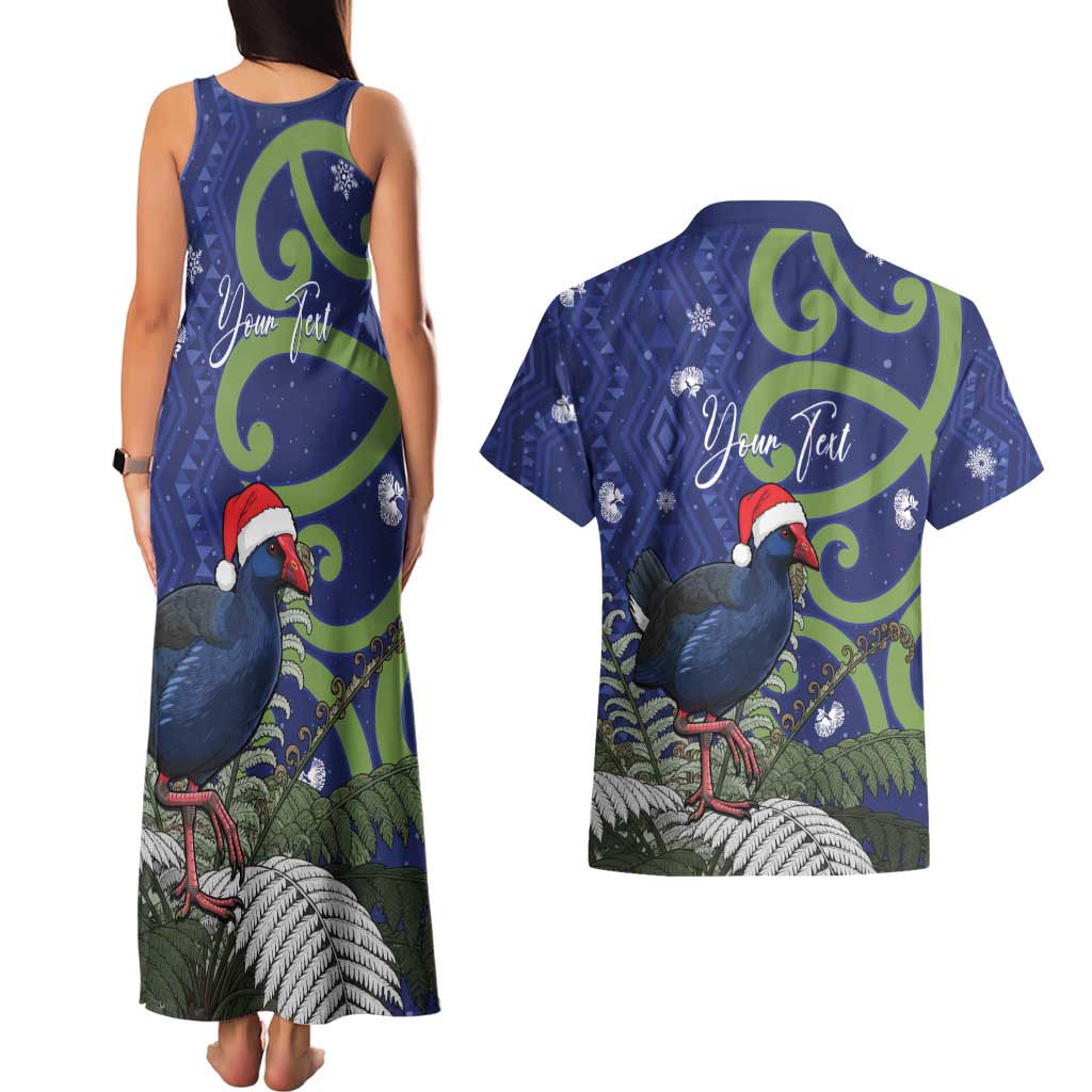 Personalized New Zealand Pukeko Christmas Couples Matching Tank Maxi Dress and Hawaiian Shirt Meri Kirihimete Taniko Ponga Koru Blue - Aussie Hoodie