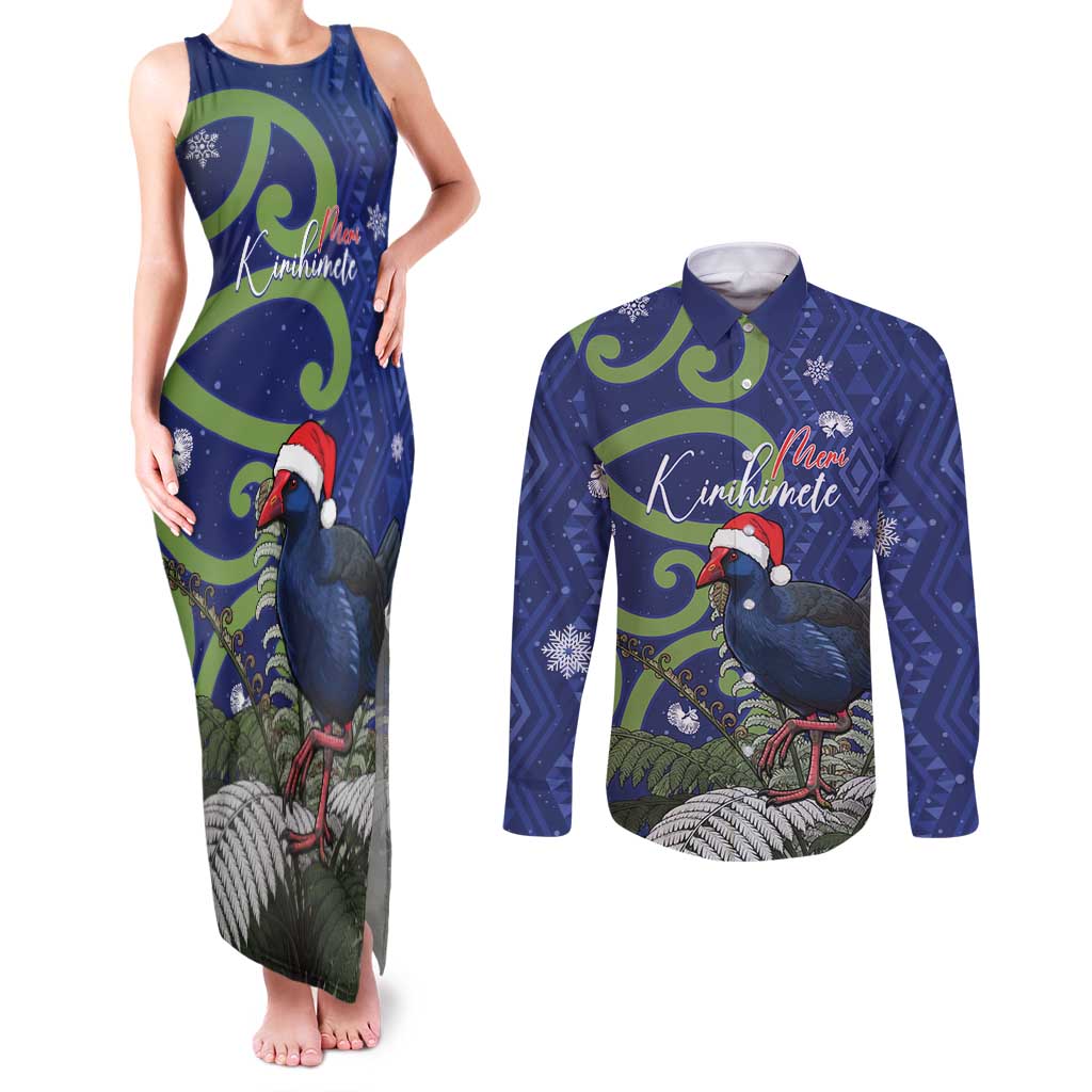 Personalized New Zealand Pukeko Christmas Couples Matching Tank Maxi Dress and Long Sleeve Button Shirt Meri Kirihimete Taniko Ponga Koru Blue - Aussie Hoodie