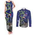 Personalized New Zealand Pukeko Christmas Couples Matching Tank Maxi Dress and Long Sleeve Button Shirt Meri Kirihimete Taniko Ponga Koru Blue - Aussie Hoodie