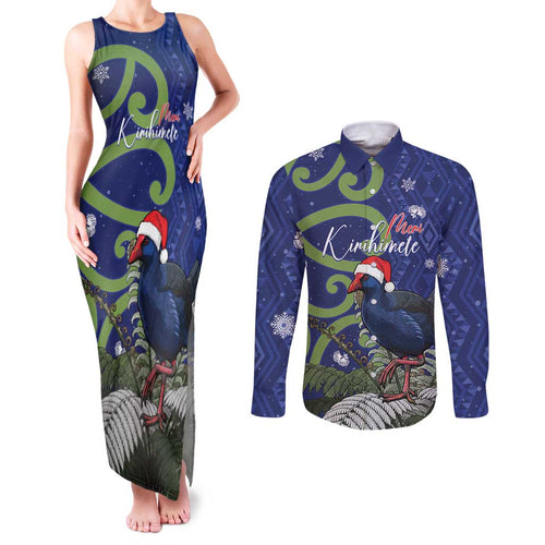 Personalized New Zealand Pukeko Christmas Couples Matching Tank Maxi Dress and Long Sleeve Button Shirt Meri Kirihimete Taniko Ponga Koru Blue - Aussie Hoodie