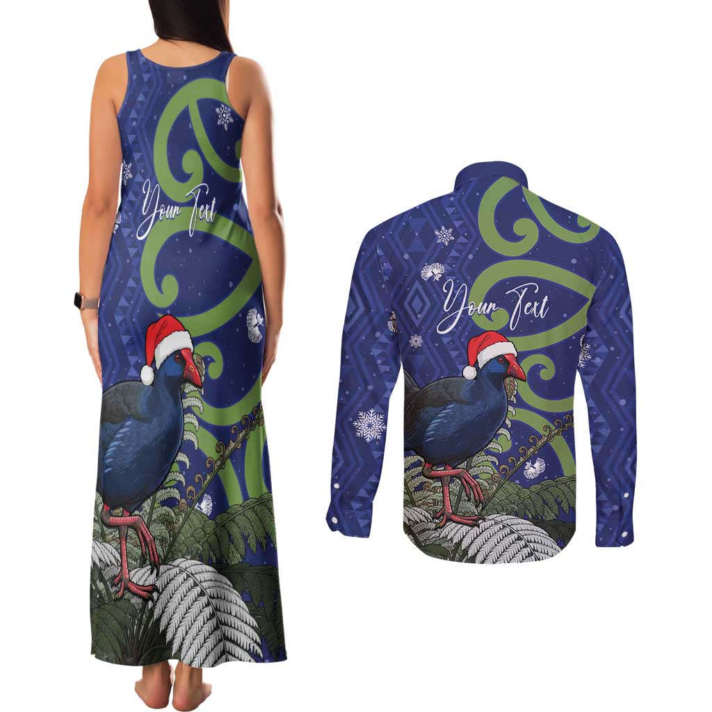 Personalized New Zealand Pukeko Christmas Couples Matching Tank Maxi Dress and Long Sleeve Button Shirt Meri Kirihimete Taniko Ponga Koru Blue - Aussie Hoodie