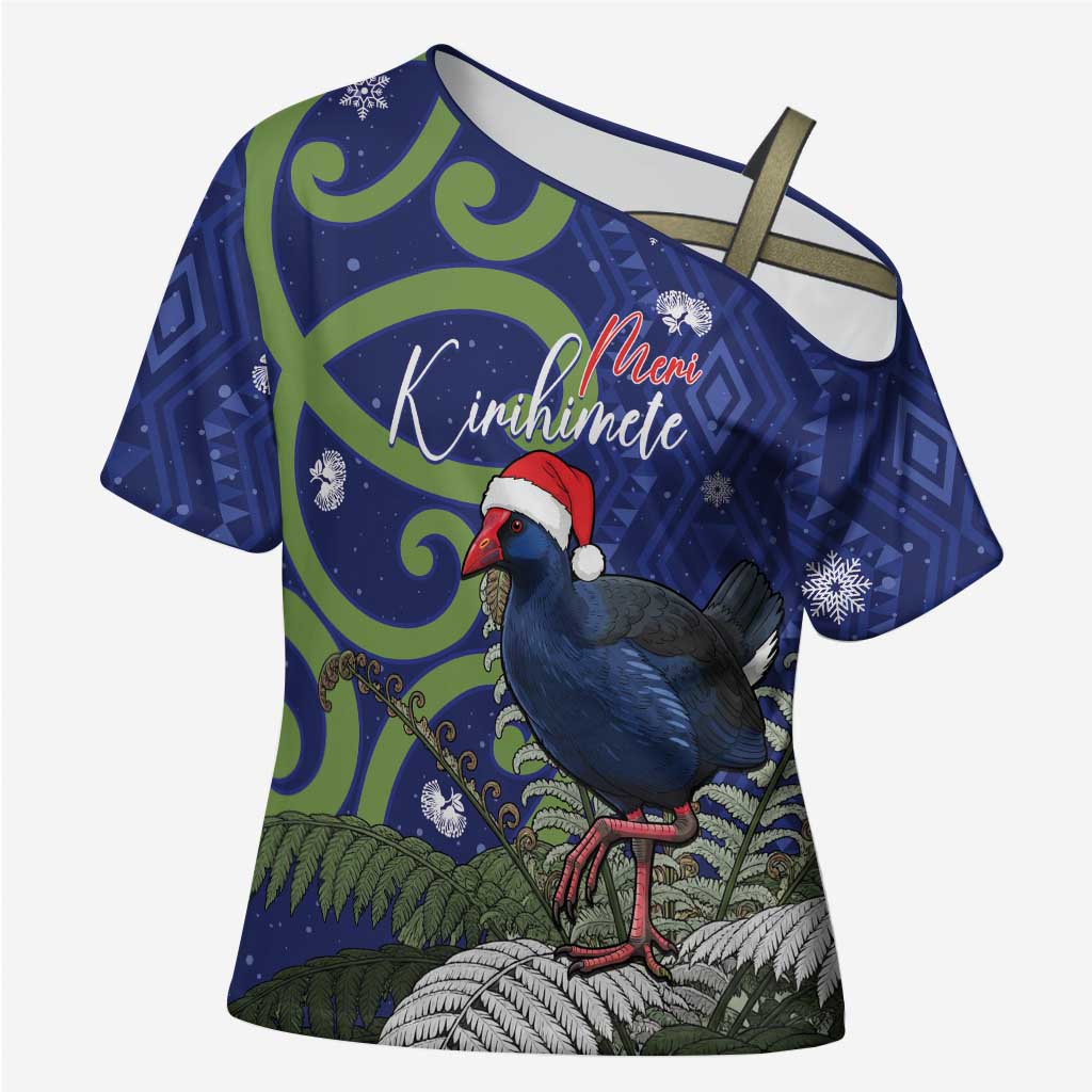 Personalized New Zealand Pukeko Christmas Cross Shoulder Shirt Meri Kirihimete Taniko Ponga Koru Blue - Aussie Hoodie