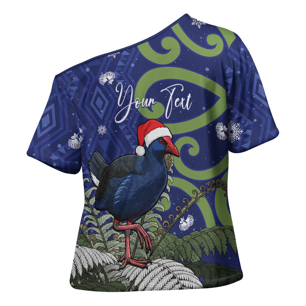 Personalized New Zealand Pukeko Christmas Cross Shoulder Shirt Meri Kirihimete Taniko Ponga Koru Blue - Aussie Hoodie