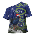 Personalized New Zealand Pukeko Christmas Cross Shoulder Shirt Meri Kirihimete Taniko Ponga Koru Blue - Aussie Hoodie