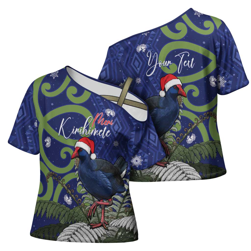 Personalized New Zealand Pukeko Christmas Cross Shoulder Shirt Meri Kirihimete Taniko Ponga Koru Blue - Aussie Hoodie