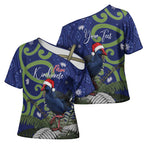 Personalized New Zealand Pukeko Christmas Cross Shoulder Shirt Meri Kirihimete Taniko Ponga Koru Blue - Aussie Hoodie