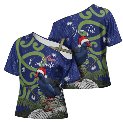 Personalized New Zealand Pukeko Christmas Cross Shoulder Shirt Meri Kirihimete Taniko Ponga Koru Blue - Aussie Hoodie