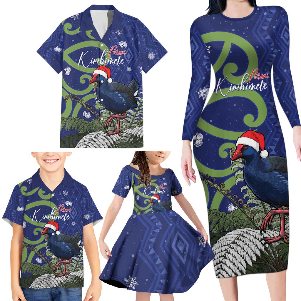 Personalized New Zealand Pukeko Christmas Family Matching Long Sleeve Bodycon Dress and Hawaiian Shirt Meri Kirihimete Taniko Ponga Koru Blue - Aussie Hoodie