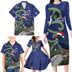 Personalized New Zealand Pukeko Christmas Family Matching Long Sleeve Bodycon Dress and Hawaiian Shirt Meri Kirihimete Taniko Ponga Koru Blue - Aussie Hoodie