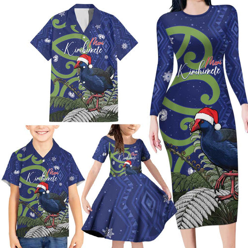 Personalized New Zealand Pukeko Christmas Family Matching Long Sleeve Bodycon Dress and Hawaiian Shirt Meri Kirihimete Taniko Ponga Koru Blue - Aussie Hoodie