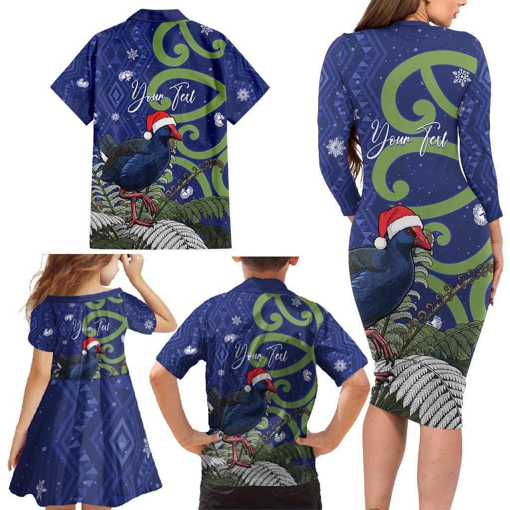 Personalized New Zealand Pukeko Christmas Family Matching Long Sleeve Bodycon Dress and Hawaiian Shirt Meri Kirihimete Taniko Ponga Koru Blue - Aussie Hoodie