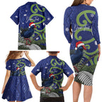 Personalized New Zealand Pukeko Christmas Family Matching Long Sleeve Bodycon Dress and Hawaiian Shirt Meri Kirihimete Taniko Ponga Koru Blue - Aussie Hoodie