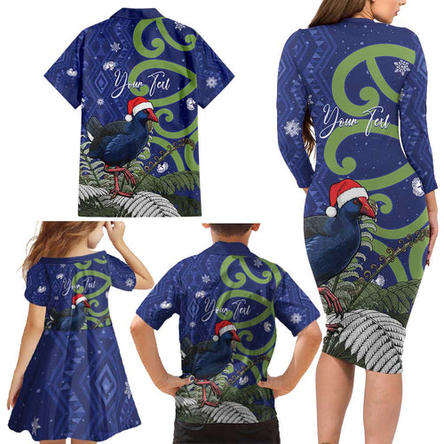 Personalized New Zealand Pukeko Christmas Family Matching Long Sleeve Bodycon Dress and Hawaiian Shirt Meri Kirihimete Taniko Ponga Koru Blue - Aussie Hoodie