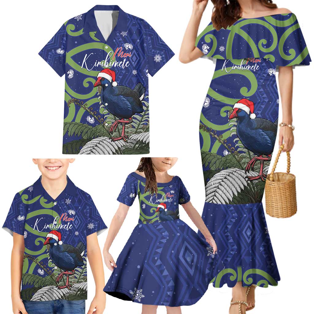 Personalized New Zealand Pukeko Christmas Family Matching Mermaid Dress and Hawaiian Shirt Meri Kirihimete Taniko Ponga Koru Blue - Aussie Hoodie