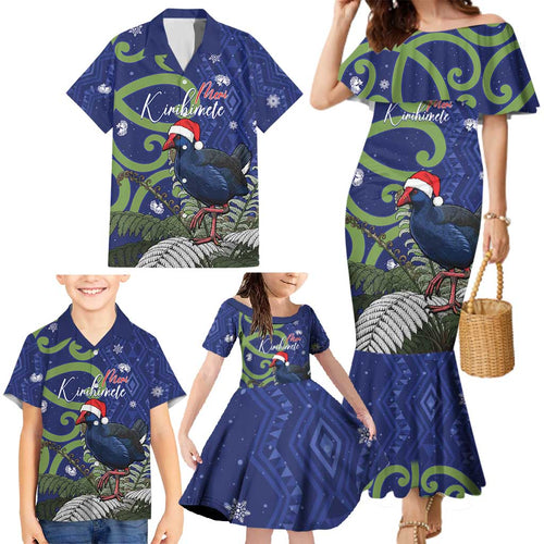 Personalized New Zealand Pukeko Christmas Family Matching Mermaid Dress and Hawaiian Shirt Meri Kirihimete Taniko Ponga Koru Blue - Aussie Hoodie