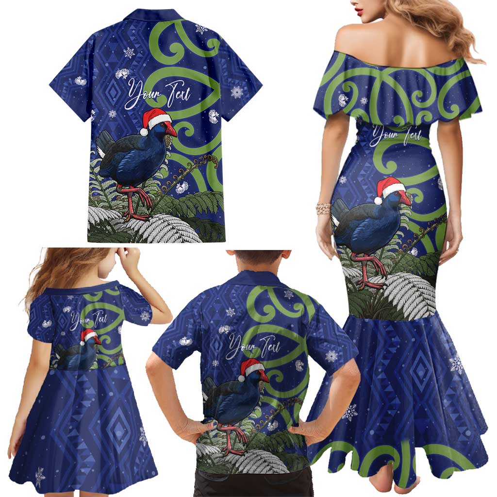Personalized New Zealand Pukeko Christmas Family Matching Mermaid Dress and Hawaiian Shirt Meri Kirihimete Taniko Ponga Koru Blue - Aussie Hoodie