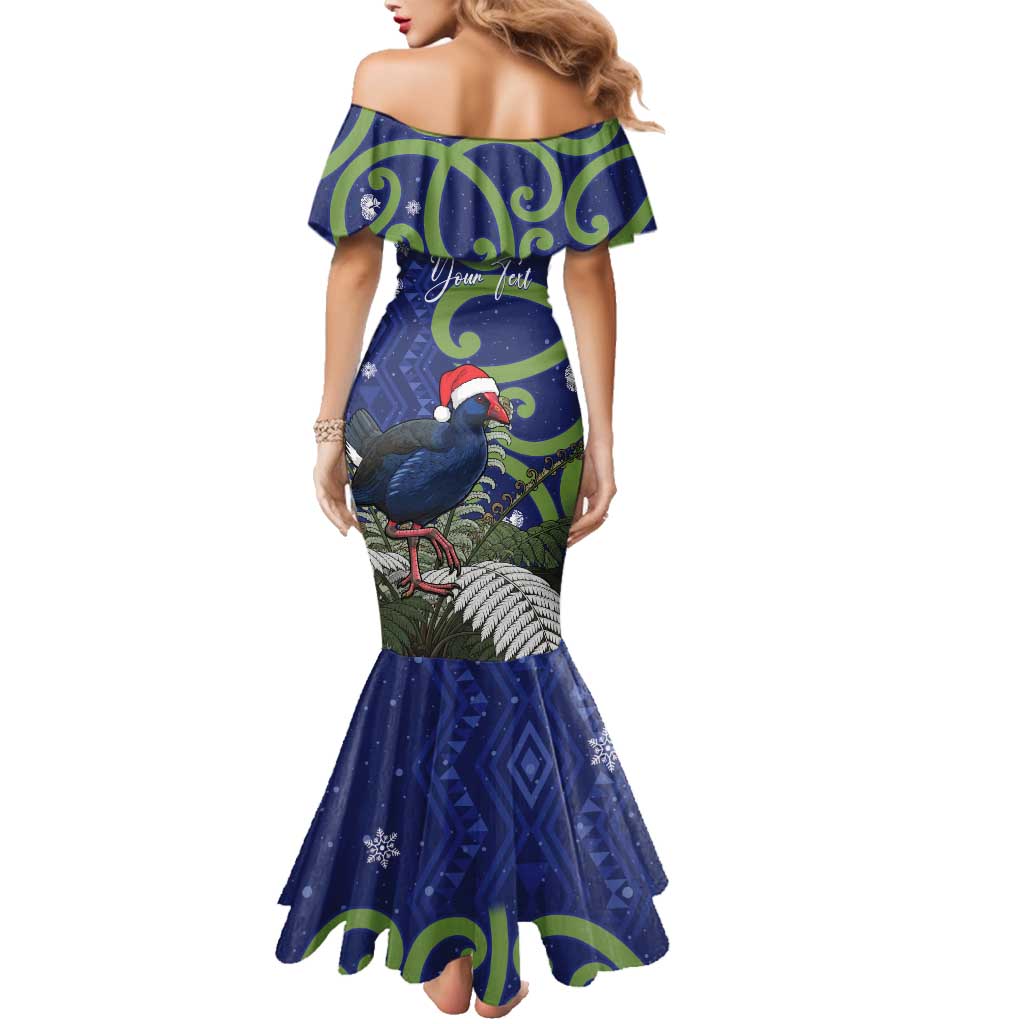 Personalized New Zealand Pukeko Christmas Family Matching Mermaid Dress and Hawaiian Shirt Meri Kirihimete Taniko Ponga Koru Blue - Aussie Hoodie