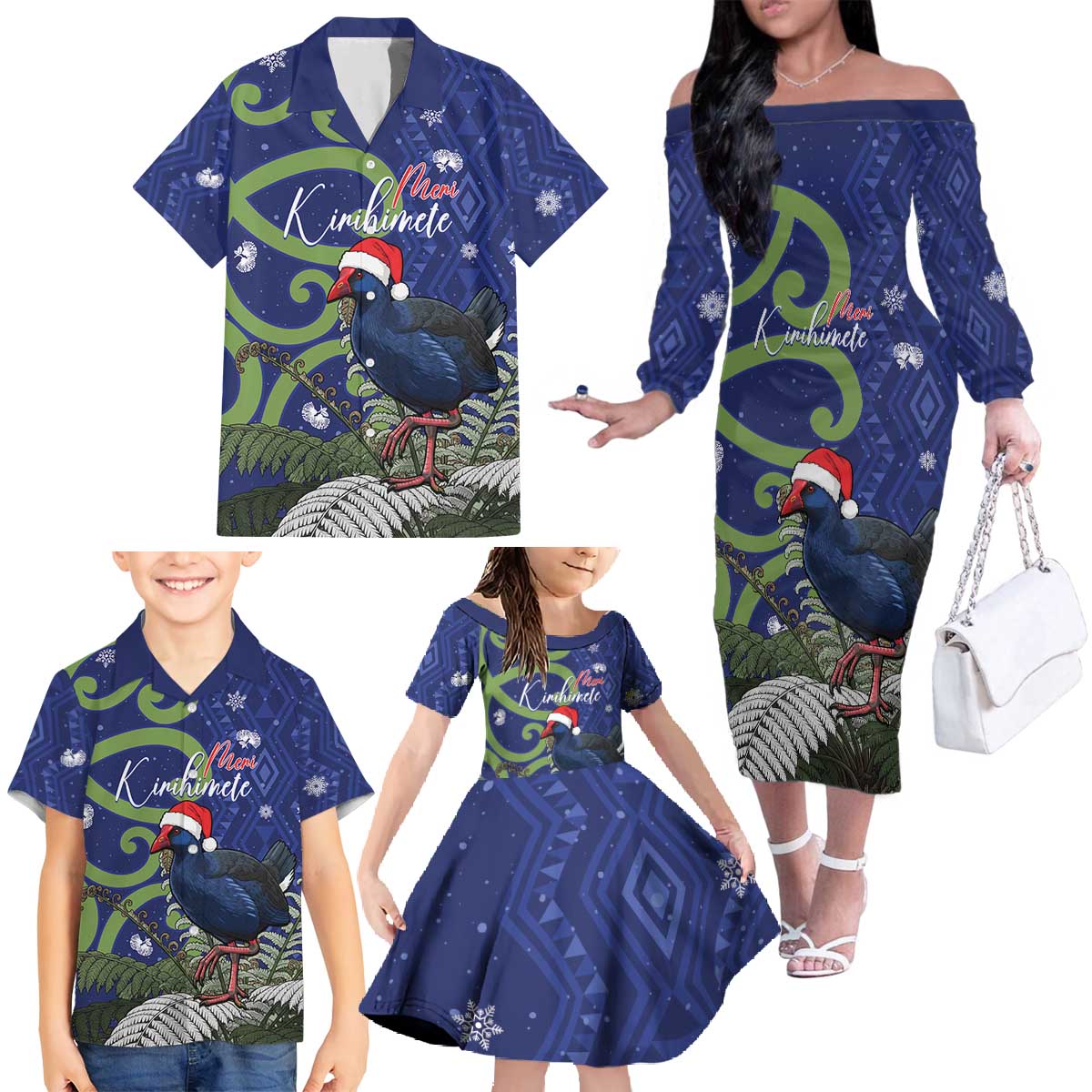 Personalized New Zealand Pukeko Christmas Family Matching Off The Shoulder Long Sleeve Dress and Hawaiian Shirt Meri Kirihimete Taniko Ponga Koru Blue - Aussie Hoodie