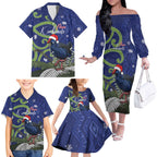 Personalized New Zealand Pukeko Christmas Family Matching Off The Shoulder Long Sleeve Dress and Hawaiian Shirt Meri Kirihimete Taniko Ponga Koru Blue - Aussie Hoodie