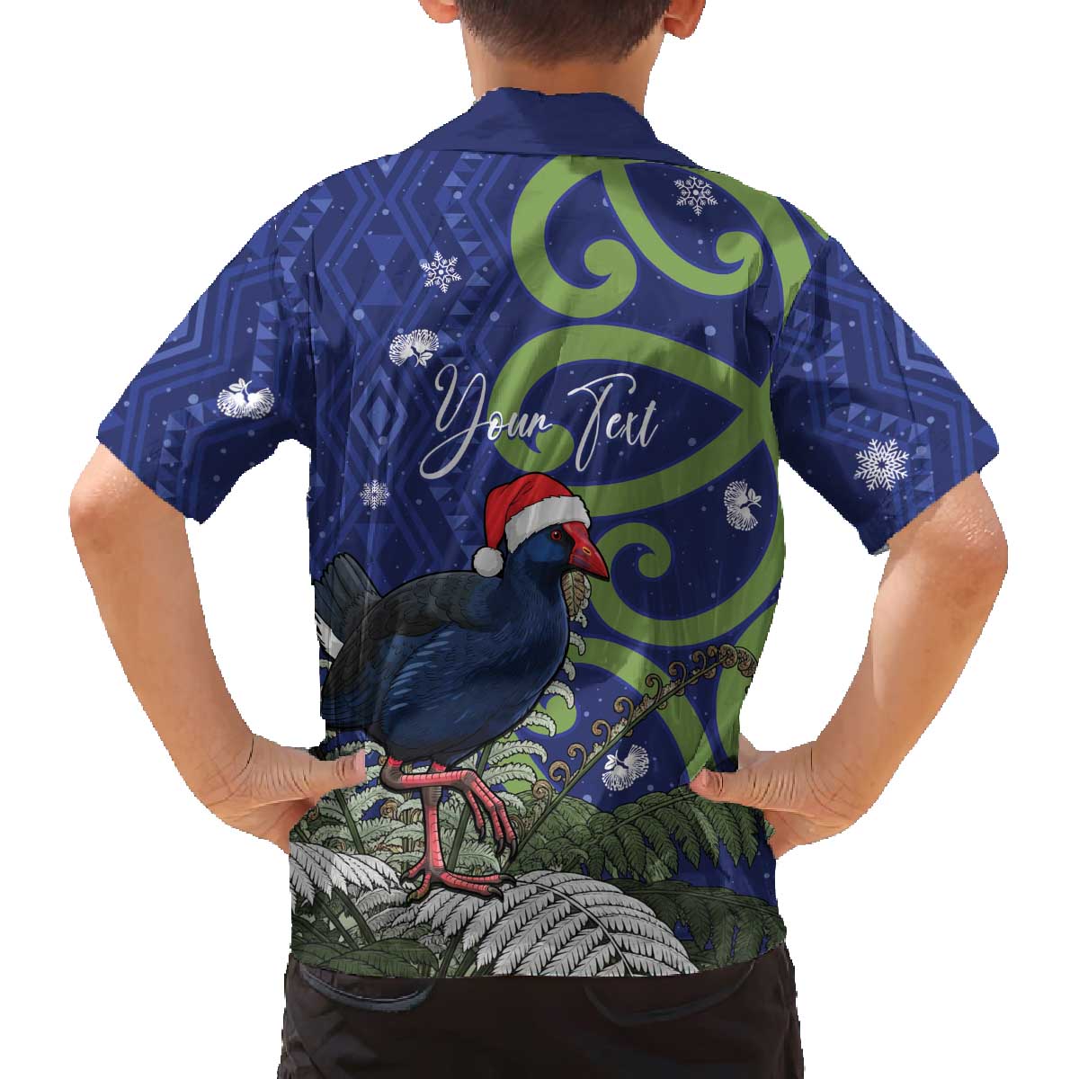 Personalized New Zealand Pukeko Christmas Family Matching Off The Shoulder Long Sleeve Dress and Hawaiian Shirt Meri Kirihimete Taniko Ponga Koru Blue - Aussie Hoodie