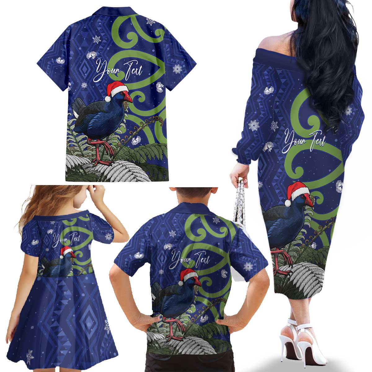 Personalized New Zealand Pukeko Christmas Family Matching Off The Shoulder Long Sleeve Dress and Hawaiian Shirt Meri Kirihimete Taniko Ponga Koru Blue - Aussie Hoodie