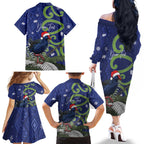 Personalized New Zealand Pukeko Christmas Family Matching Off The Shoulder Long Sleeve Dress and Hawaiian Shirt Meri Kirihimete Taniko Ponga Koru Blue - Aussie Hoodie