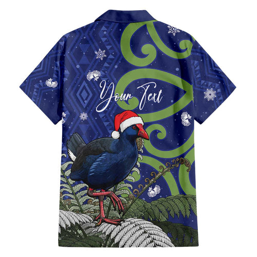 Personalized New Zealand Pukeko Christmas Family Matching Off The Shoulder Long Sleeve Dress and Hawaiian Shirt Meri Kirihimete Taniko Ponga Koru Blue - Aussie Hoodie