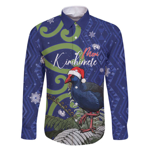 Personalized New Zealand Pukeko Christmas Family Matching Off The Shoulder Long Sleeve Dress and Hawaiian Shirt Meri Kirihimete Taniko Ponga Koru Blue - Aussie Hoodie