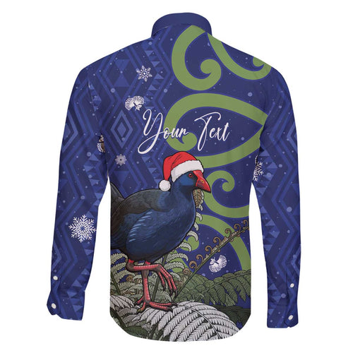 Personalized New Zealand Pukeko Christmas Family Matching Off The Shoulder Long Sleeve Dress and Hawaiian Shirt Meri Kirihimete Taniko Ponga Koru Blue - Aussie Hoodie