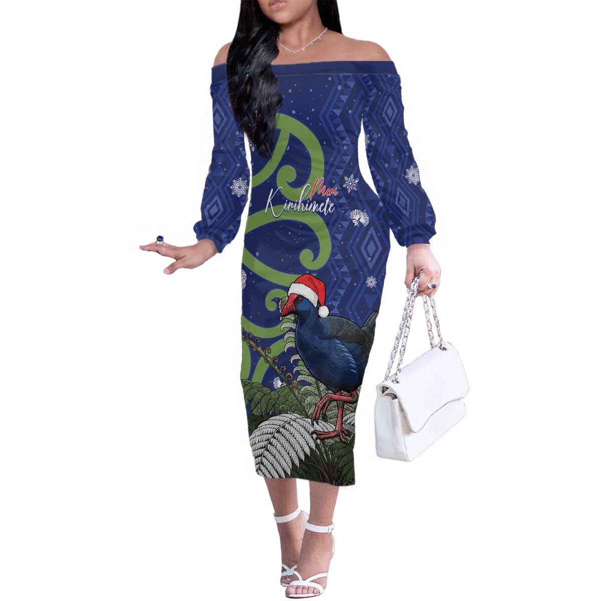 Personalized New Zealand Pukeko Christmas Family Matching Off The Shoulder Long Sleeve Dress and Hawaiian Shirt Meri Kirihimete Taniko Ponga Koru Blue - Aussie Hoodie