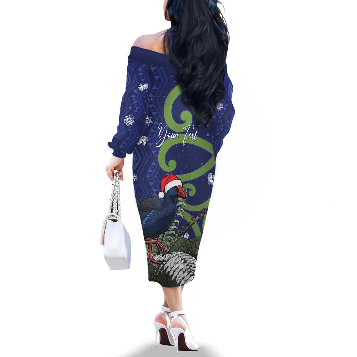 Personalized New Zealand Pukeko Christmas Family Matching Off The Shoulder Long Sleeve Dress and Hawaiian Shirt Meri Kirihimete Taniko Ponga Koru Blue - Aussie Hoodie