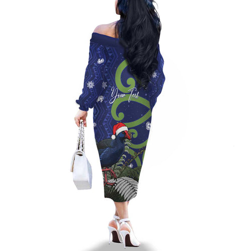 Personalized New Zealand Pukeko Christmas Family Matching Off The Shoulder Long Sleeve Dress and Hawaiian Shirt Meri Kirihimete Taniko Ponga Koru Blue - Aussie Hoodie