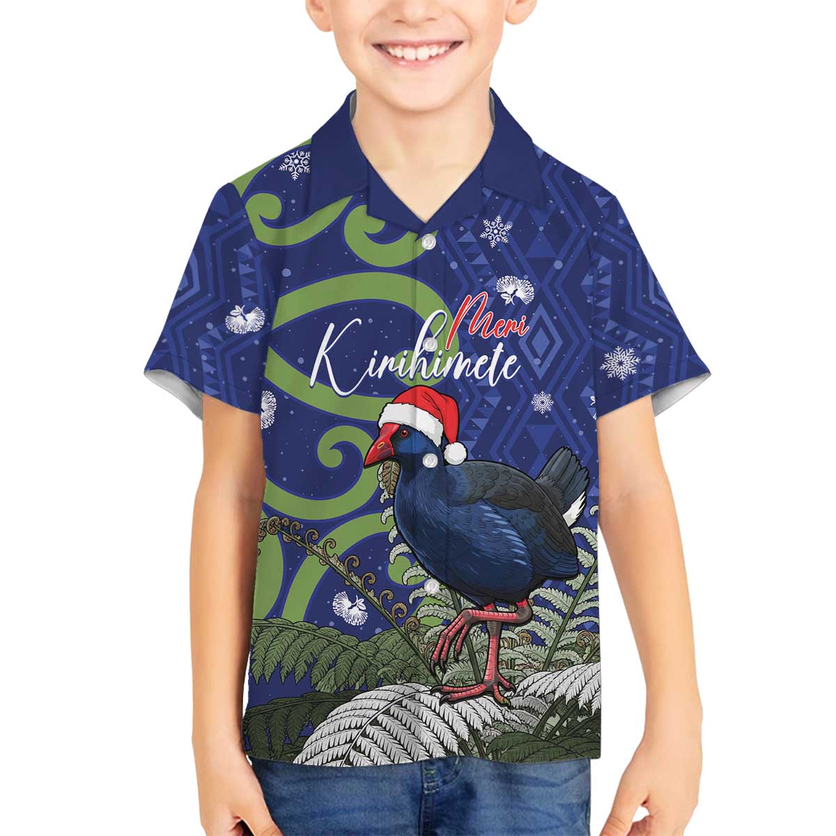 Personalized New Zealand Pukeko Christmas Family Matching Off The Shoulder Long Sleeve Dress and Hawaiian Shirt Meri Kirihimete Taniko Ponga Koru Blue - Aussie Hoodie