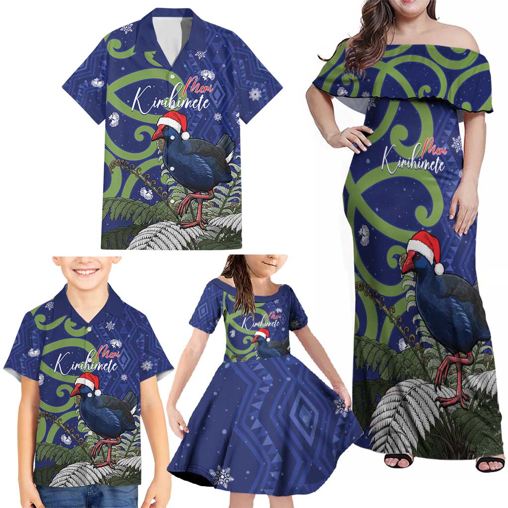 Personalized New Zealand Pukeko Christmas Family Matching Off Shoulder Maxi Dress and Hawaiian Shirt Meri Kirihimete Taniko Ponga Koru Blue - Aussie Hoodie