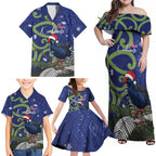 Personalized New Zealand Pukeko Christmas Family Matching Off Shoulder Maxi Dress and Hawaiian Shirt Meri Kirihimete Taniko Ponga Koru Blue - Aussie Hoodie