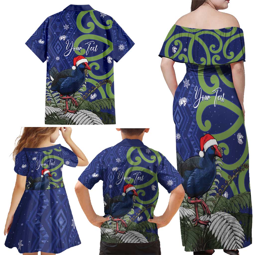 Personalized New Zealand Pukeko Christmas Family Matching Off Shoulder Maxi Dress and Hawaiian Shirt Meri Kirihimete Taniko Ponga Koru Blue - Aussie Hoodie