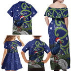 Personalized New Zealand Pukeko Christmas Family Matching Off Shoulder Maxi Dress and Hawaiian Shirt Meri Kirihimete Taniko Ponga Koru Blue - Aussie Hoodie