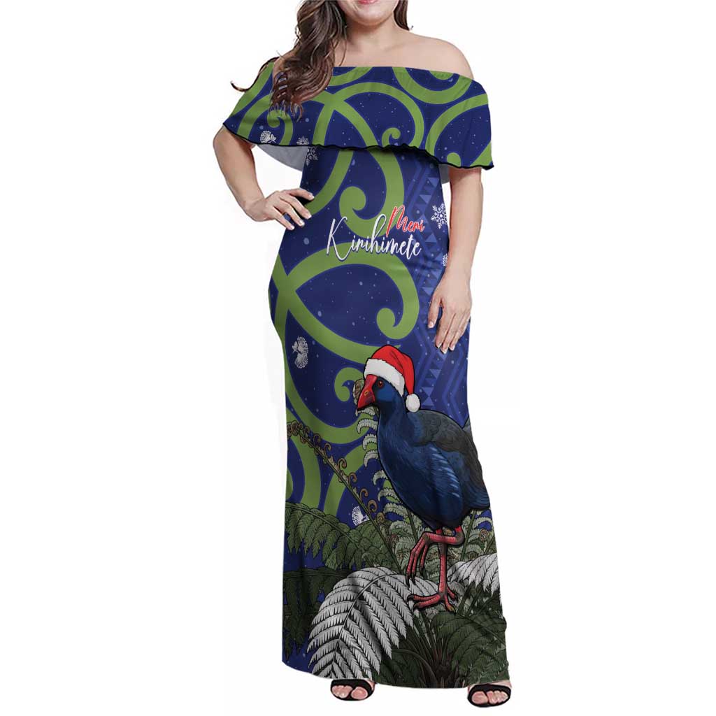 Personalized New Zealand Pukeko Christmas Family Matching Off Shoulder Maxi Dress and Hawaiian Shirt Meri Kirihimete Taniko Ponga Koru Blue - Aussie Hoodie