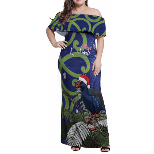 Personalized New Zealand Pukeko Christmas Family Matching Off Shoulder Maxi Dress and Hawaiian Shirt Meri Kirihimete Taniko Ponga Koru Blue - Aussie Hoodie