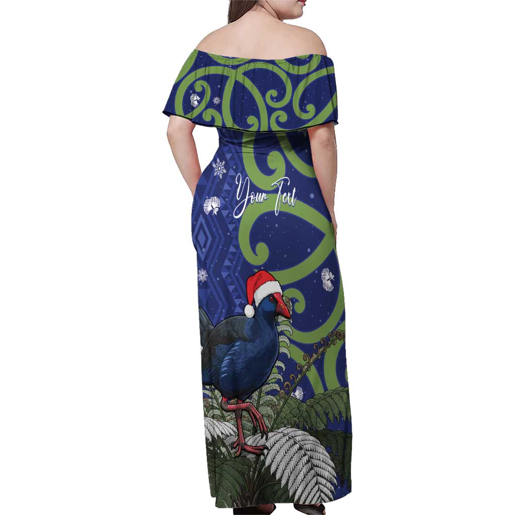 Personalized New Zealand Pukeko Christmas Family Matching Off Shoulder Maxi Dress and Hawaiian Shirt Meri Kirihimete Taniko Ponga Koru Blue - Aussie Hoodie