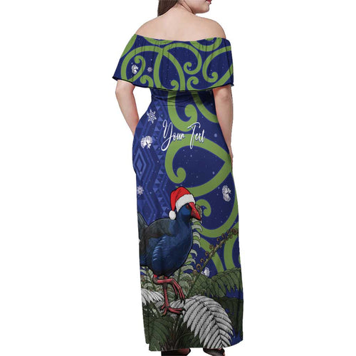 Personalized New Zealand Pukeko Christmas Family Matching Off Shoulder Maxi Dress and Hawaiian Shirt Meri Kirihimete Taniko Ponga Koru Blue - Aussie Hoodie
