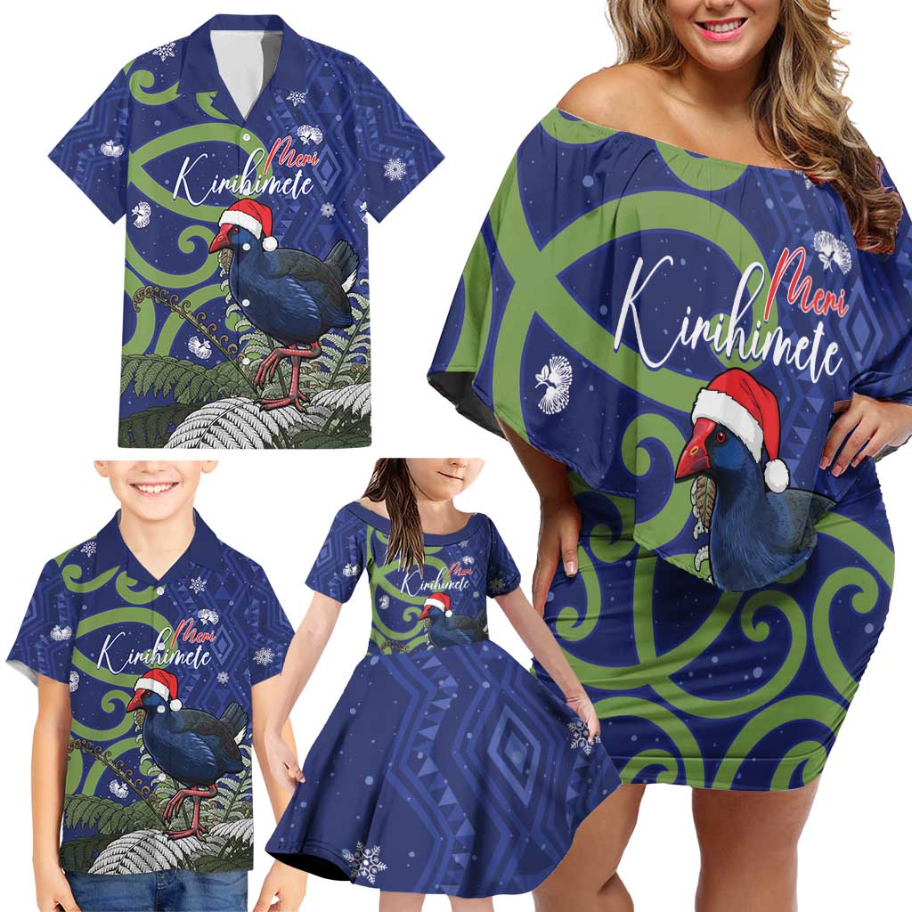 Personalized New Zealand Pukeko Christmas Family Matching Off Shoulder Short Dress and Hawaiian Shirt Meri Kirihimete Taniko Ponga Koru Blue - Aussie Hoodie