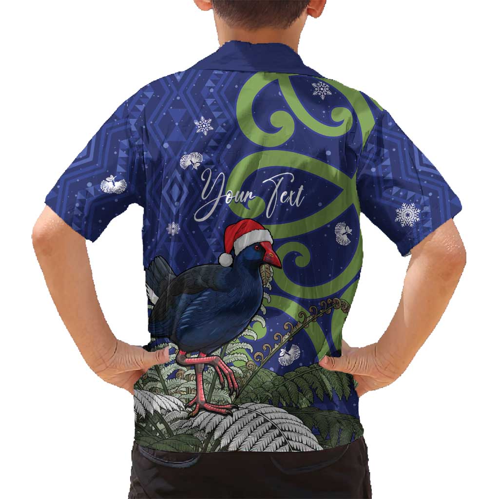 Personalized New Zealand Pukeko Christmas Family Matching Off Shoulder Short Dress and Hawaiian Shirt Meri Kirihimete Taniko Ponga Koru Blue - Aussie Hoodie