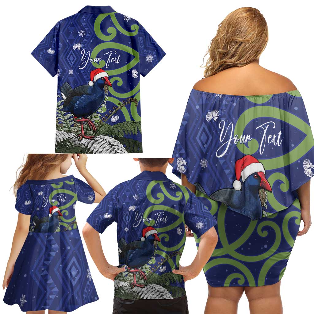 Personalized New Zealand Pukeko Christmas Family Matching Off Shoulder Short Dress and Hawaiian Shirt Meri Kirihimete Taniko Ponga Koru Blue - Aussie Hoodie