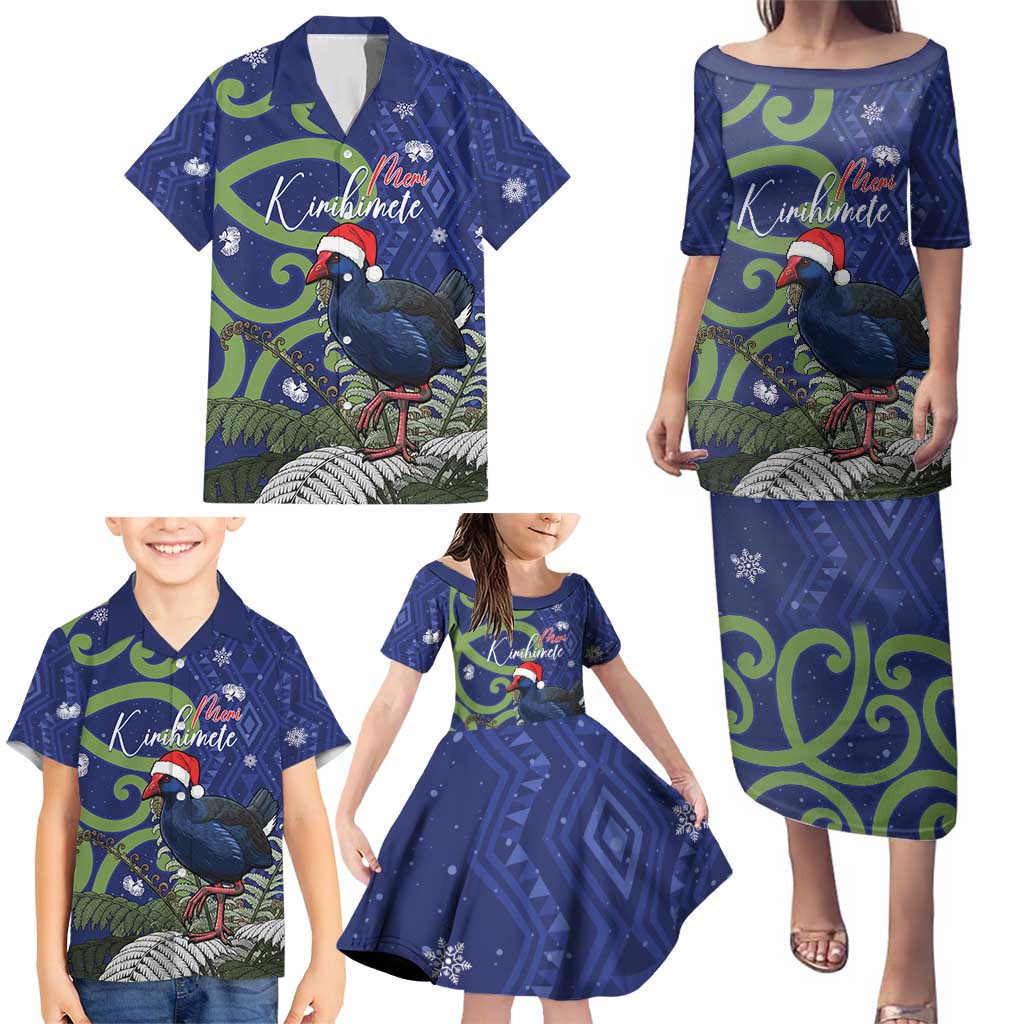 Personalized New Zealand Pukeko Christmas Family Matching Puletasi and Hawaiian Shirt Meri Kirihimete Taniko Ponga Koru Blue - Aussie Hoodie