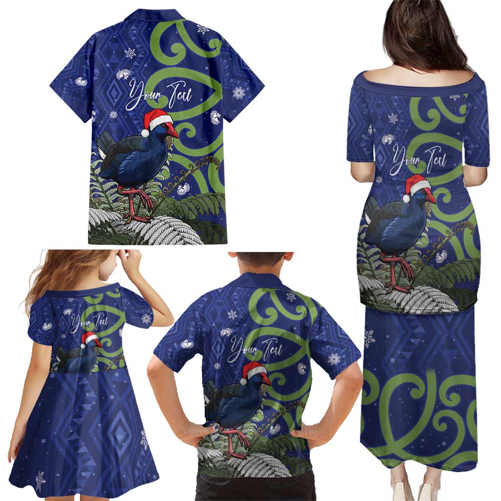 Personalized New Zealand Pukeko Christmas Family Matching Puletasi and Hawaiian Shirt Meri Kirihimete Taniko Ponga Koru Blue - Aussie Hoodie